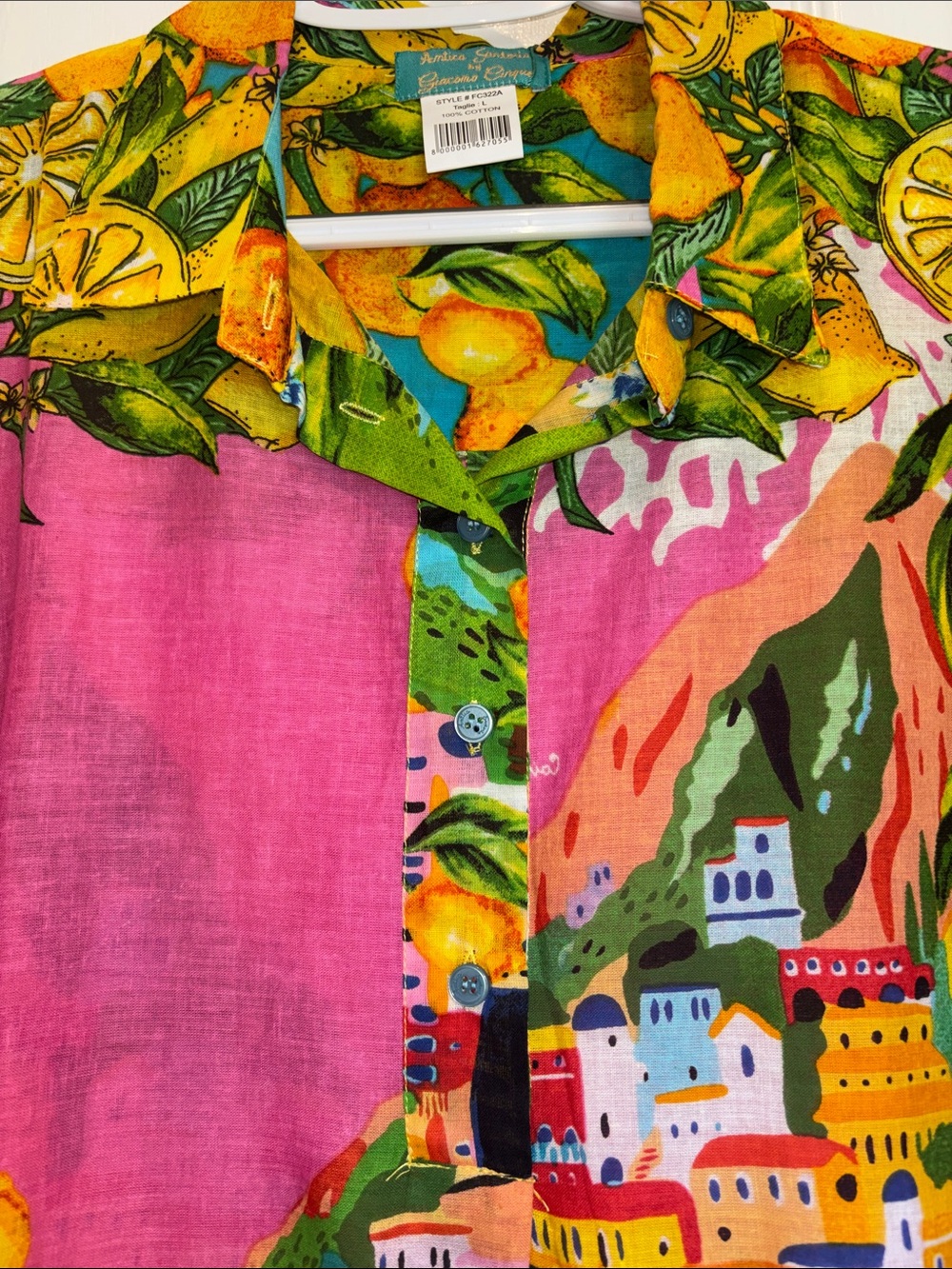 ANTICA SARTORIA MULTICOLORED 4 BUTTON DOWN COTTON DRESS LEMON AND VILLAGE PRINT - Picture 3 of 12